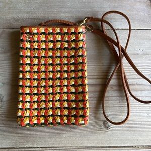 Clare V Poche Woven Marigold Multi Rattan Phone Bag Leather Detachable Strap